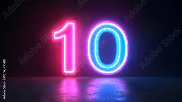 Fototapeta Neon Number 10, Glowing  Light, Pink, and Blue, 3d Illustration