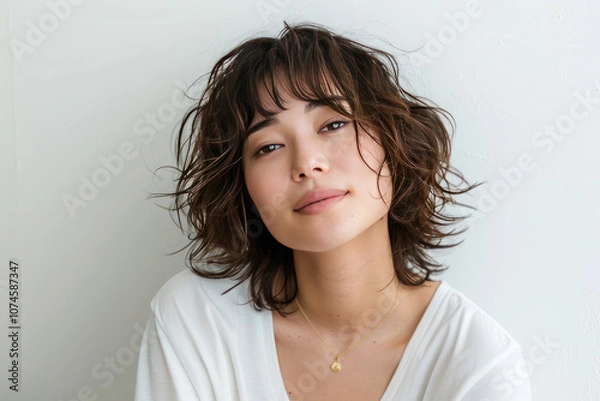 Obraz A woman with short hair and a necklace is smiling