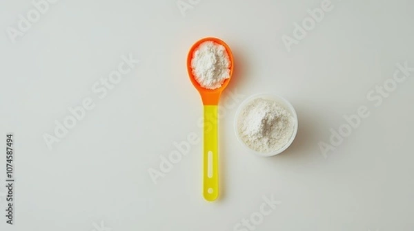 Obraz A visually striking display of milk powder and a vibrant plastic measuring spoon is arranged on a smooth white background.