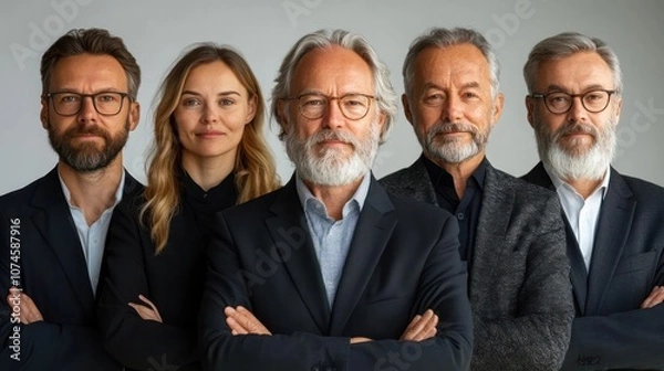 Obraz Portrait of Finnish senior business professionals, formal attire, calm and wise demeanor, isolated, white background