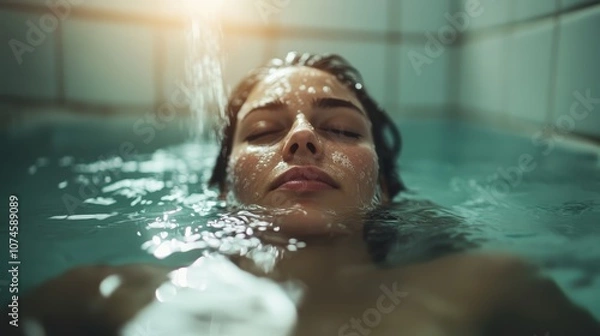 Fototapeta A serene woman leans back in a bathtub under running water, her face is relaxed, capturing a moment of peace and tranquility in the soft lighting.