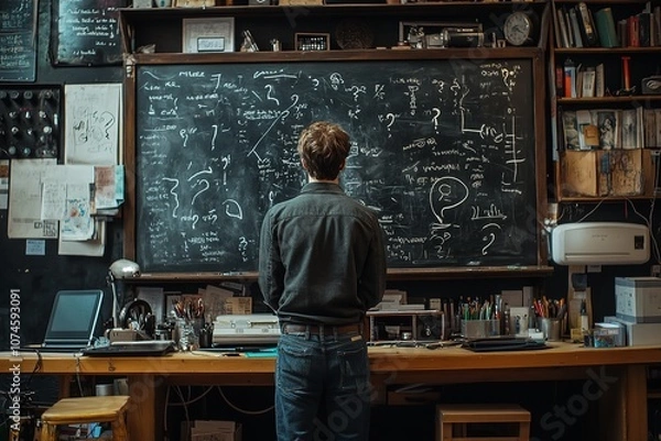 Fototapeta A man stands before a blackboard filled with question marks and notes, attempting to decode his business plan details.