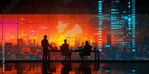 Fototapeta Businessmen shaking hands in an office, with digital graphs and charts hovering above, representing success and teamwork.