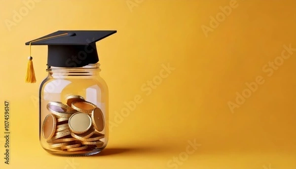 Fototapeta A glass jar filled with coins, topped with a graduation cap, symbolizes savings for education against a bright yellow background.