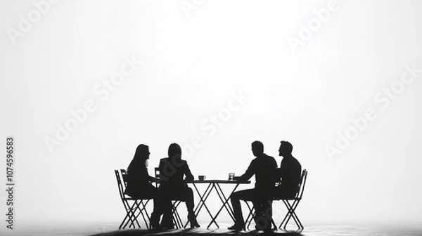 Fototapeta A group of people sitting around a table in a meeting, depicted as black silhouettes on a white background.