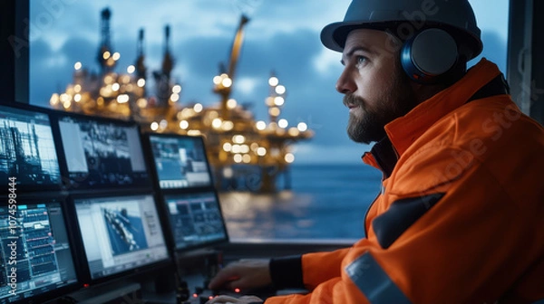 Fototapeta image features focused worker in orange safety jacket and helmet, operating control room with multiple screens, overlooking offshore oil rig at dusk