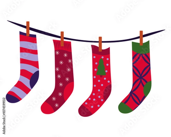 Fototapeta Christmas socks on a rope, plot for a winter card or poster