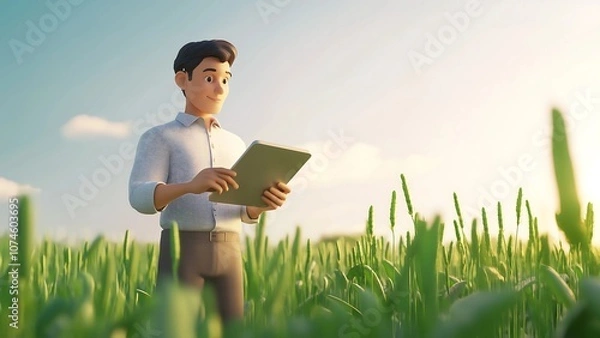 Fototapeta 3D illustration of a modern farmer using a tablet in a green field under bright sunlight. Ideal for themes of agriculture technology, digital farming, and innovation in agriculture.