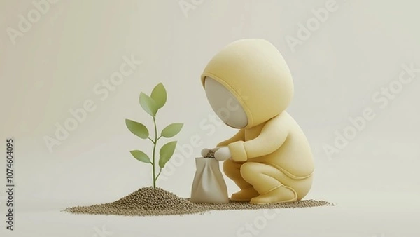 Fototapeta Minimalist 3D illustration of a character in a hoodie planting seeds in soil, representing themes of growth, sustainability, and environmental care. Ideal for eco-friendly concepts.