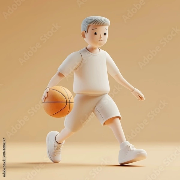 Fototapeta Minimalist 3D illustration of a young boy playing basketball, dressed in simple athletic attire. Character in a dynamic pose with a basketball, perfect for sports and youth themes.