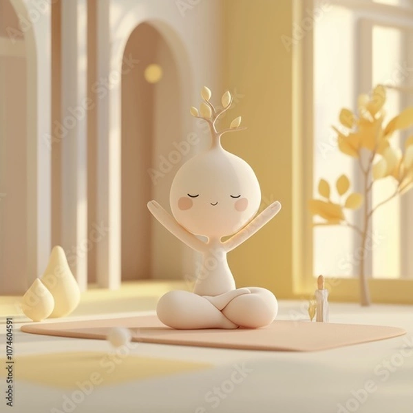 Fototapeta Whimsical 3D illustration of a cute plant character in a yoga pose, embodying peace and mindfulness. Minimalist design with warm pastel colors, perfect for wellness and relaxation themes.