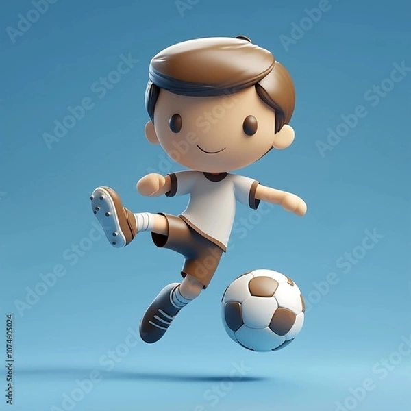 Fototapeta 3D illustration of a young boy playing soccer, captured mid-kick with a joyful expression. Cute character design in a playful pose, ideal for sports, kids' activities, and fun themes.