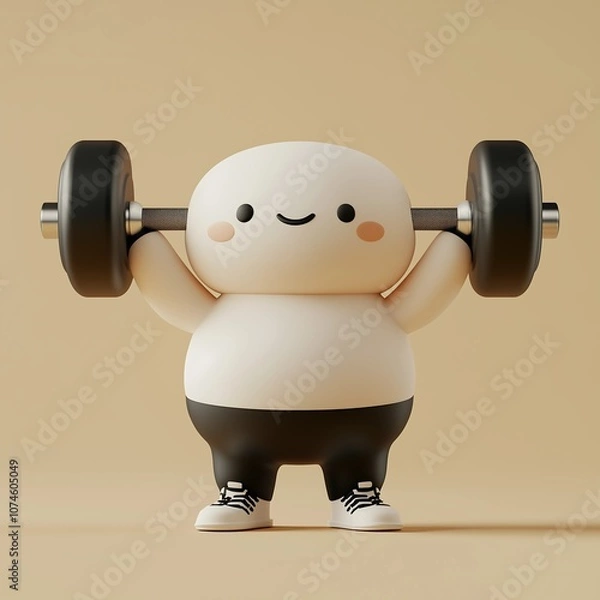 Fototapeta 3D illustration of a cute, chubby character lifting a heavy dumbbell with a cheerful expression. Adorable fitness concept showcasing strength, exercise, and positivity.