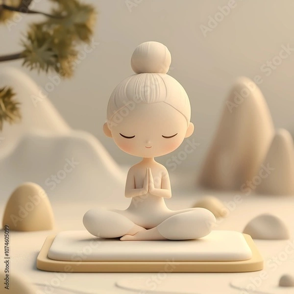 Fototapeta Minimalist 3D illustration of a young girl meditating in a serene environment. Character in a peaceful pose with closed eyes, symbolizing calm and mindfulness, ideal for wellness themes.