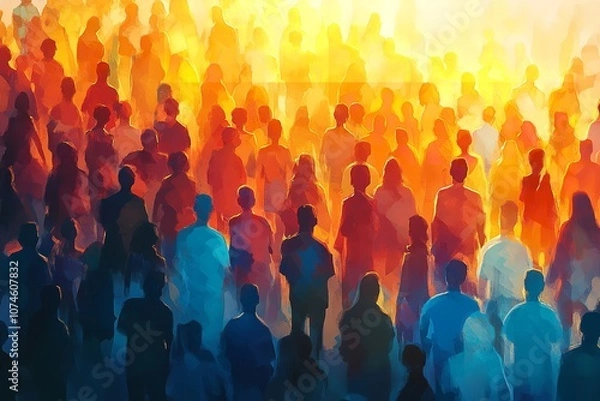 Fototapeta An illustration of a diverse group of people, highlighting the organic nature of human connection, set against a gradient background blending warm oranges into cool blue.