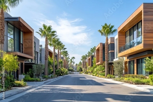 Fototapeta An empty road in Santa Monica, California, lined with modern buildings and palm trees on the right side.