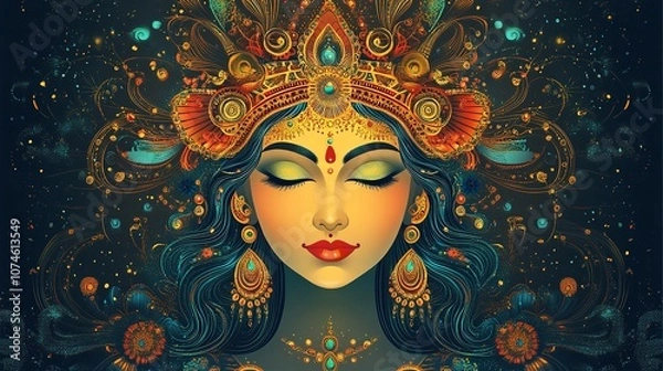 Fototapeta Celebrating the Indian religious festival of Maa Durga, featuring a design with the face of Goddess Durga, for Pooja and Navratri, ideal for a banner or card.