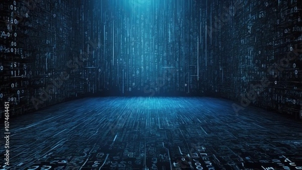 Obraz : wide banner with a blue binary code matrix background-