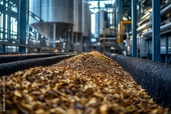 Fototapeta Close-up of a bioenergy facility featuring large silos holding biomass feedstock like agricultural residues and organic waste, ready for conversion into renewable energy—a sustainable energy source.