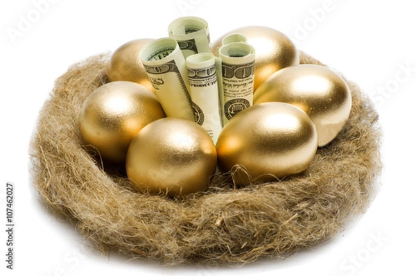 Fototapeta Nest with golden eggs on a white background