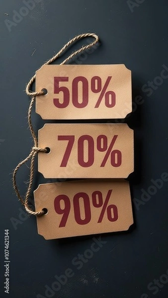 Fototapeta Discount tags showing 50%, 70%, and 90% off, creating excitement for shoppers looking for deals