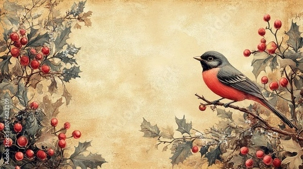 Fototapeta Retro Holiday Card with Christmas Tree, Birds, Ornaments, Ornate Floral Border, and Blank Space – Vintage Christmas and New Year Theme in Soft Tones