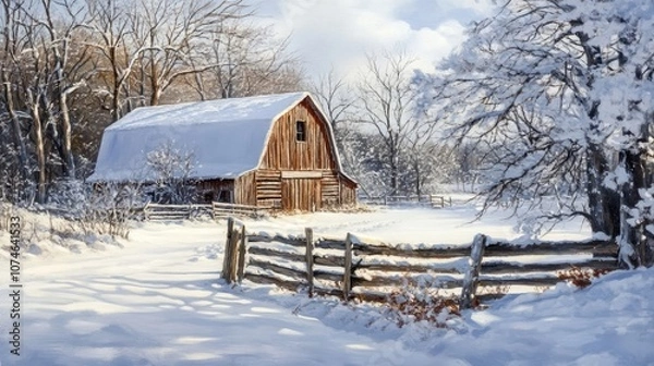 Obraz A rustic wooden barn stands tall against a snowy backdrop, its roof blanketed in white, showcasing a serene winter scene.