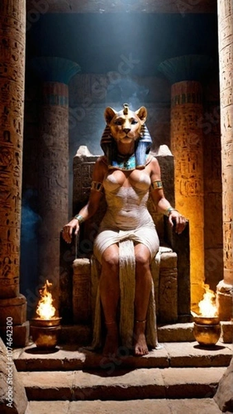 Fototapeta Majestic Sekhmet sitting on her throne, surrounded by the mystical shadows of the temple, embodying wisdom and power