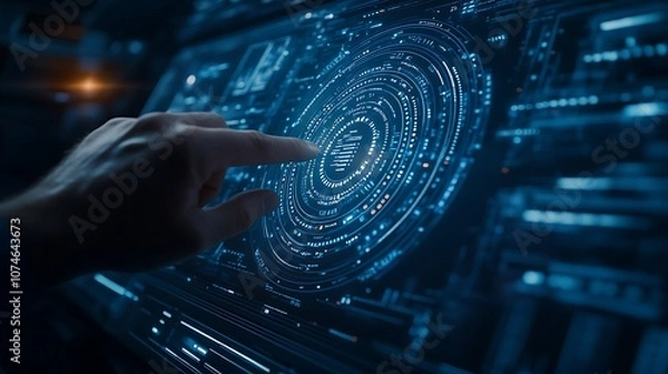 Fototapeta A hand interacts with a high-tech digital interface displaying swirling data patterns and glowing elements, suggesting advanced technology and user engagement.