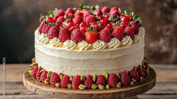 Fototapeta A beautiful layered cake adorned with fresh strawberries and raspberries, showcasing creamy frosting on a rustic wooden cake stand.