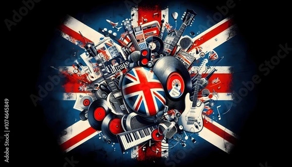 Obraz A dynamic design paying homage to the UK’s music legends, from pop to punk rock. Electric guitars, vinyl records, and microphones, mixed with music notes.