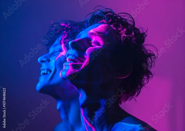 Obraz Portrait of a man illuminated by vivid pink and blue neon lights with a double exposure effect and joyful expression, creating a surreal atmosphere