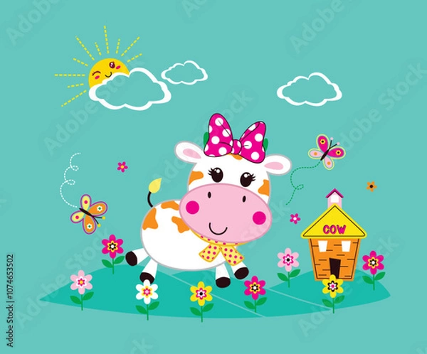 Fototapeta Adorable cow vector illustration standing in a vibrant flower garden with a cheerful, nature-inspired design.
