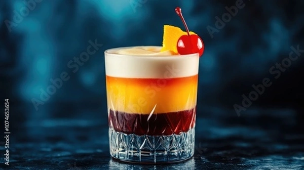 Obraz Close-up of a layered cocktail garnished with a cherry and a slice of orange.