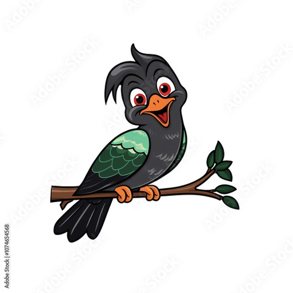 Fototapeta Cartoon koel with expressive eyes and playful expression perched on branch, white background, generative ai