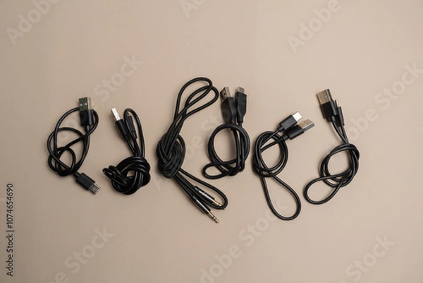 Fototapeta Various black cables and connectors neatly laid out on a beige background, showcasing different types of USB and audio cables