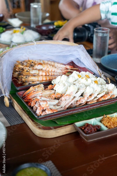 Obraz Seafood plate with shrip crab ready to serve in Samui, Thailand.