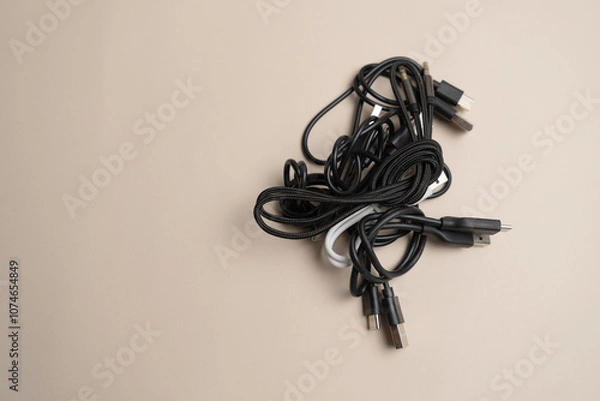 Fototapeta Bundle of assorted black cables tangled together, illustrating the complexity of cable management