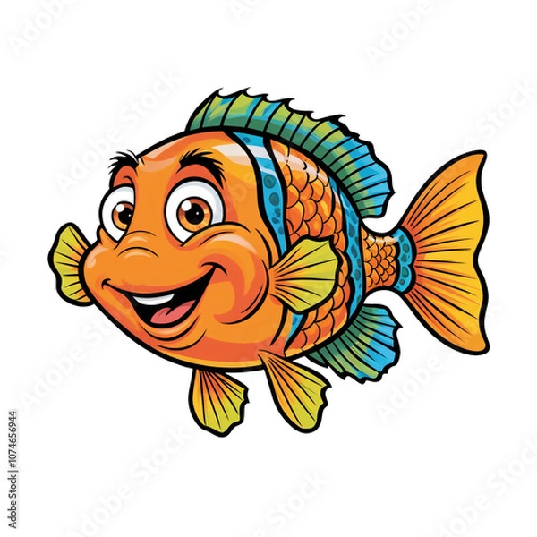 Fototapeta Cartoon Mandarinfish with vibrant colors, large expressive eyes, playful smile, bold outlines, sticker design, generative ai