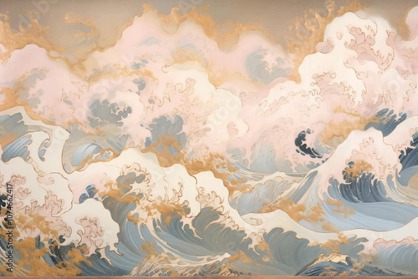 Fototapeta A dramatic artwork depicting crashing waves and clouds in shades of blue and pink, inspired by nature's powerful beauty for artistic expression.