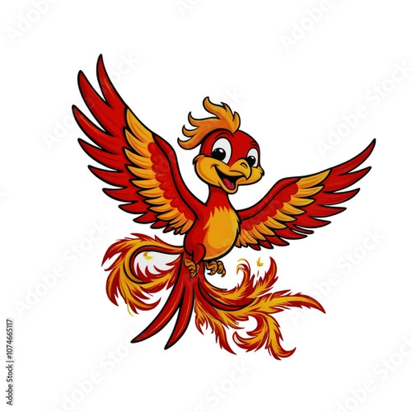 Fototapeta Cartoon Phoenix sticker with big eyes, fiery red and gold feathers, wings spread, joyful expression, generative ai