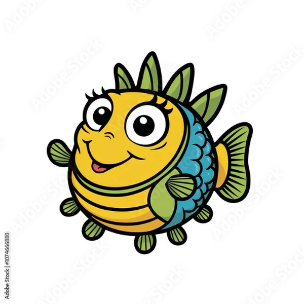 Fototapeta Cartoon Pygmy Pufferfish with big expressive eyes, round body, playful smile, bold outlines, sticker design, generative ai