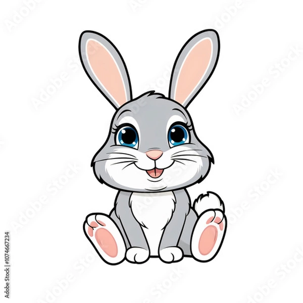 Obraz Cartoon style rabbit sticker with expressive blue eyes, soft pink lined ears, and happy smile on white background, generative ai