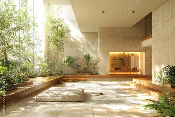 Obraz Innovative office space with biophilic design, floating transparent screens, soft natural light,