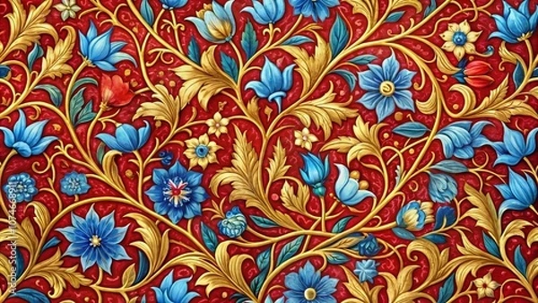 Fototapeta A meticulously crafted floral pattern, showcasing blue and red blossoms interwoven with ornate golden tendrils, creating a rich and intricate tapestry of nature's beauty.