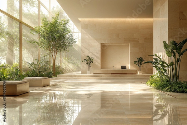 Obraz Innovative office space with biophilic design, floating transparent screens, soft natural light,