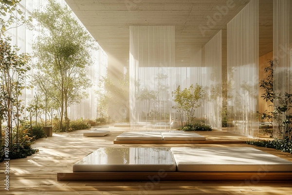 Obraz Innovative office space with biophilic design, floating transparent screens, soft natural light,