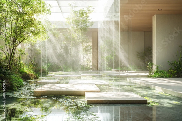 Obraz Innovative office space with biophilic design, floating transparent screens, soft natural light,
