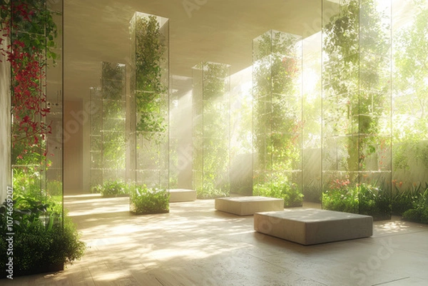 Obraz Innovative office space with biophilic design, floating transparent screens, soft natural light,