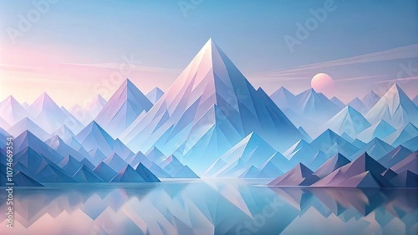 Fototapeta Serene Mountain Range Reflected in Still Water, a Pastel Sky with a Gentle Sunset Glow